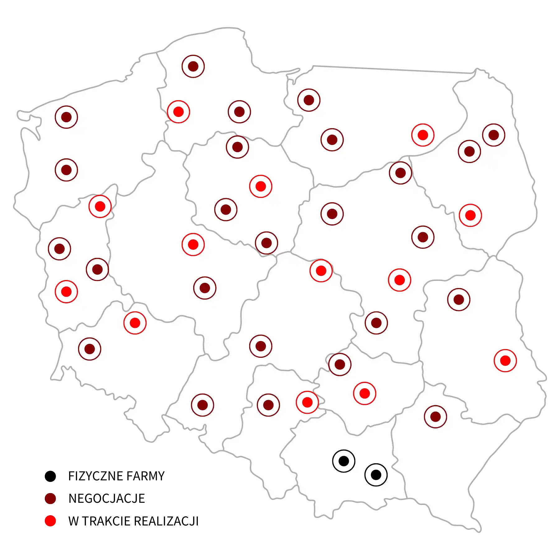 Mapa z farmami fotowoltaicznymi zespołu energetyki odnawialnej